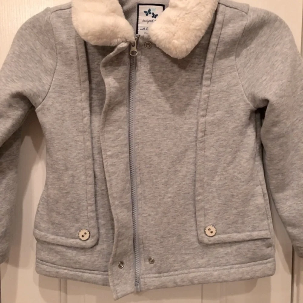 Gymboree Girls Light Weight Dress Pea Coat Gray Jersey Knit Faux Fur Collar 5/6